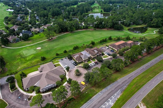 aerial view with a water view and golf course view