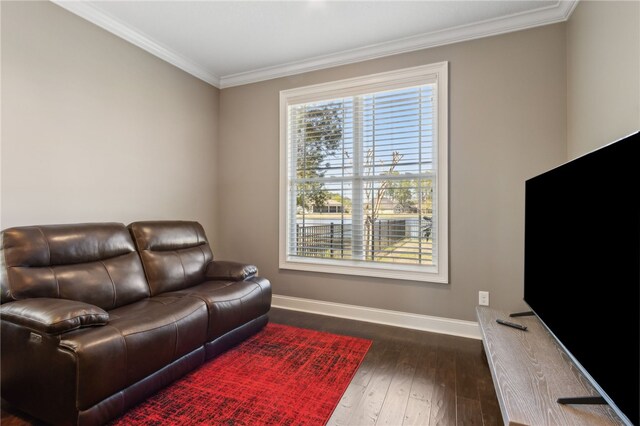 living area featuring ornamental molding, dark wood-type flooring, and baseboards