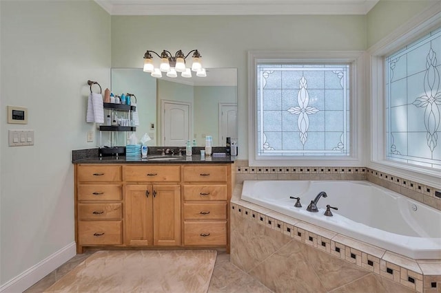 17 Willow Ct, Brunswick, GA 31523 - bathroom featuring a bath, vanity, baseboards, ornamental molding, and a chandelier