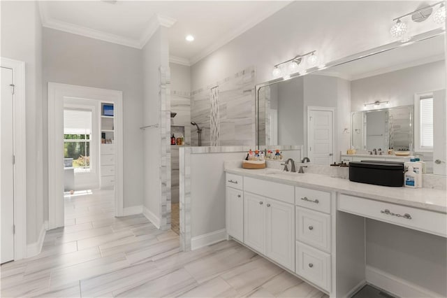 107 Cason Noah Dr, Kingsland, GA 31548 - bathroom featuring a tile shower, vanity, and crown molding