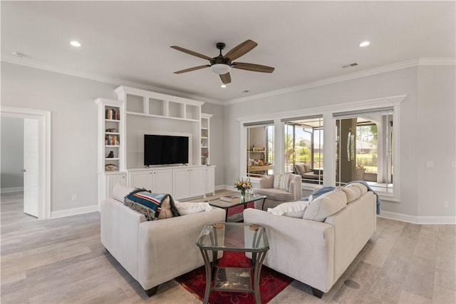 107 Cason Noah Dr, Kingsland, GA 31548 - living room featuring ceiling fan, light hardwood / wood-style floors, and crown molding