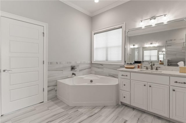 107 Cason Noah Dr, Kingsland, GA 31548 - bathroom featuring a bathing tub, crown molding, vanity, and tile walls