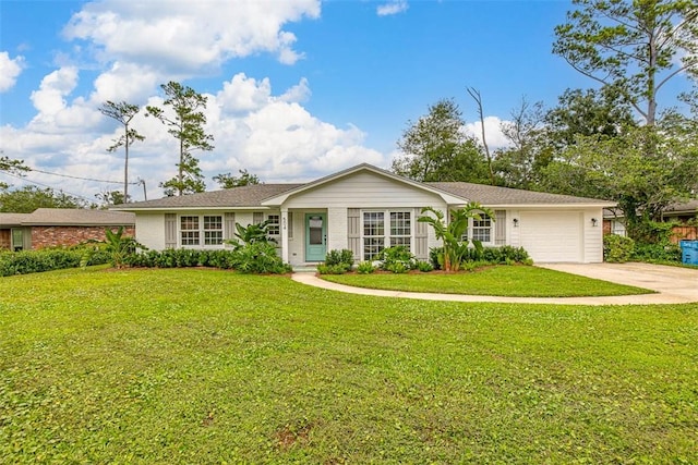 single story home featuring a front yard and a garage