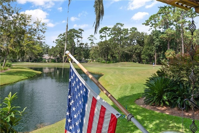 view of home's community with a yard and a water view