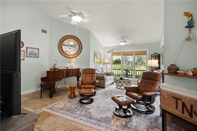 sitting room with high vaulted ceiling and ceiling fan