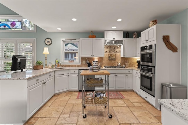 kitchen featuring decorative backsplash, light stone countertops, stainless steel appliances, sink, and white cabinets