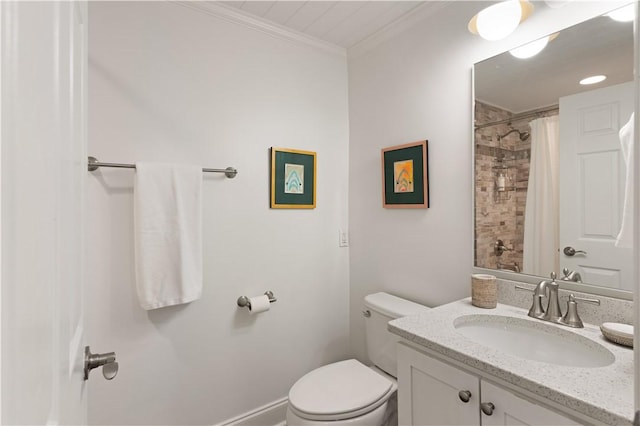 bathroom with a shower with shower curtain, vanity, toilet, and crown molding