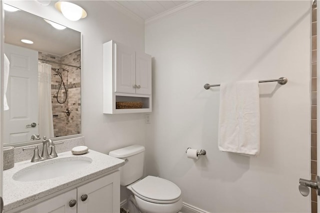 bathroom with a shower with curtain, vanity, toilet, and crown molding