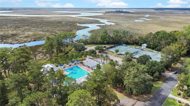 drone / aerial view with a water view