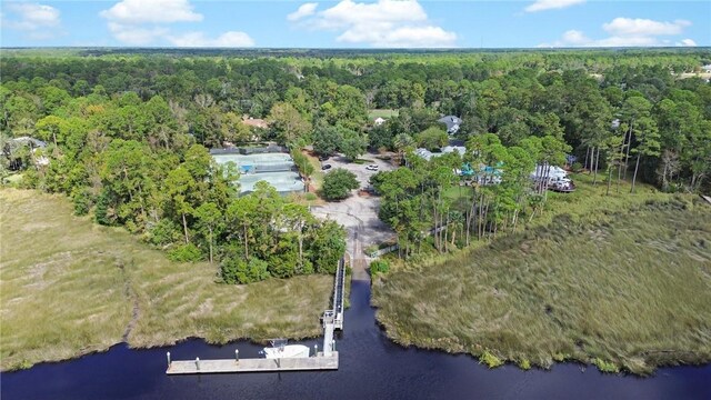 aerial view featuring a water view and a view of trees