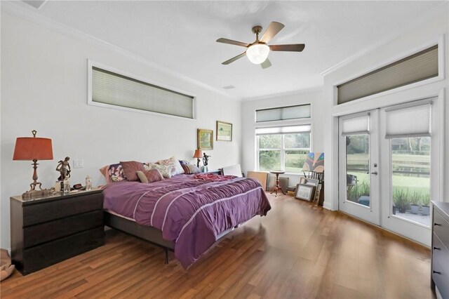 bedroom with access to exterior, a ceiling fan, ornamental molding, and wood finished floors