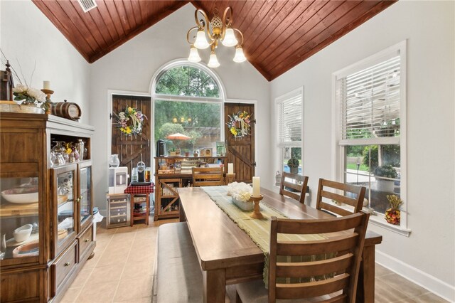 40 Jada Ln, Brunswick, GA 31523 - dining room featuring a chandelier, light tile patterned floors, wooden ceiling, beverage cooler, and high vaulted ceiling
