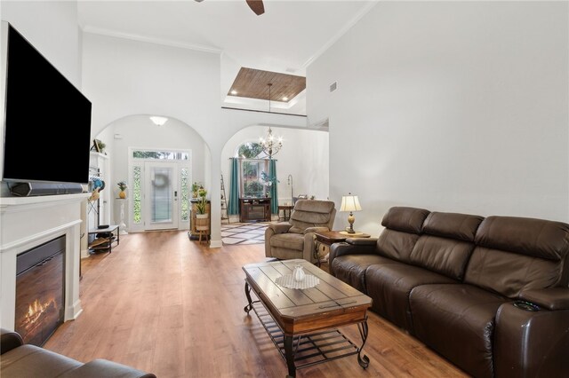 40 Jada Ln, Brunswick, GA 31523 - living area with arched walkways, a chandelier, a lit fireplace, a towering ceiling, and wood finished floors
