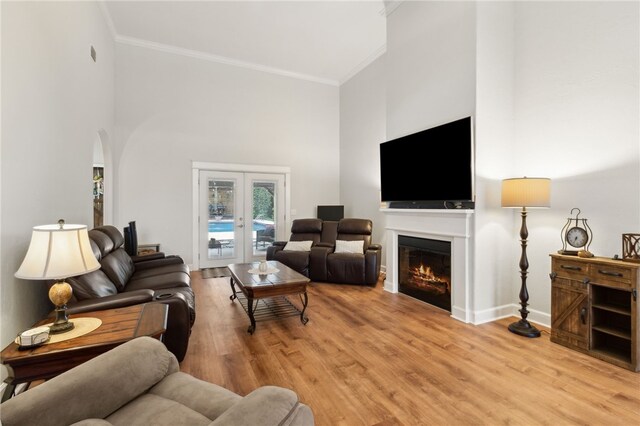 40 Jada Ln, Brunswick, GA 31523 - living room featuring ornamental molding, french doors, a high ceiling, arched walkways, and a lit fireplace