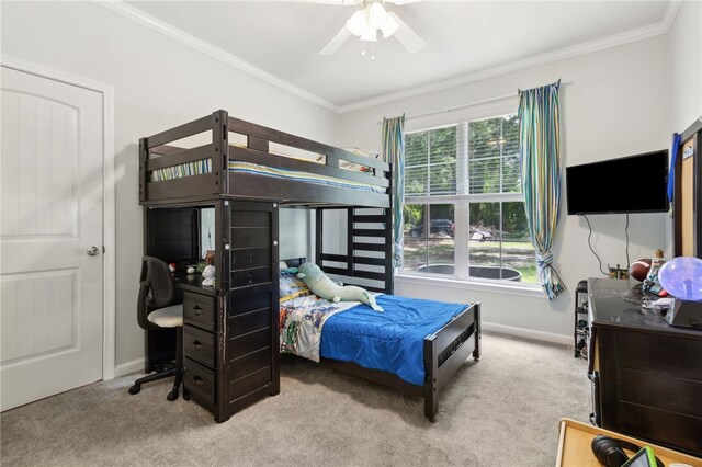 40 Jada Ln, Brunswick, GA 31523 - carpeted bedroom featuring a desk, ornamental molding, baseboards, and a ceiling fan