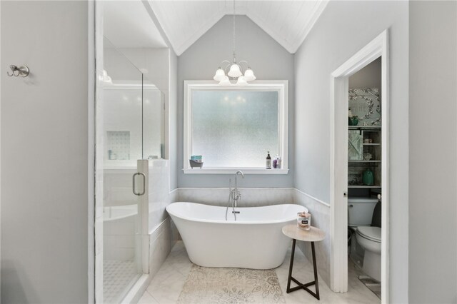 40 Jada Ln, Brunswick, GA 31523 - full bathroom featuring toilet, a shower stall, a chandelier, a soaking tub, and vaulted ceiling