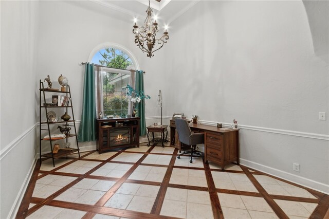 40 Jada Ln, Brunswick, GA 31523 - office area featuring inlaid floor details, a chandelier, and baseboards