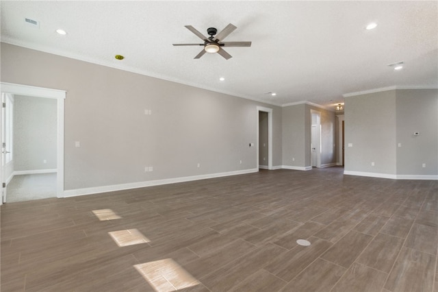 unfurnished living room with wood finished floors, a ceiling fan, baseboards, and ornamental molding