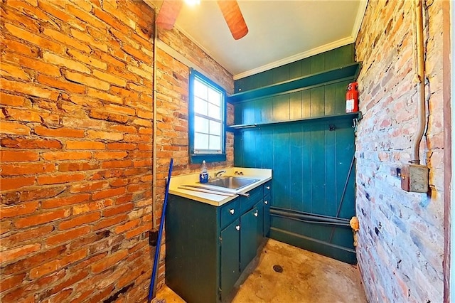2227 Ware St, Blackshear, GA 31516 - bathroom featuring vanity, brick wall, crown molding, and ceiling fan