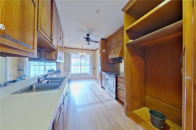 2227 Ware St, Blackshear, GA 31516 - kitchen with stainless steel electric range oven, a sink, light wood finished floors, under cabinet range hood, and brown cabinets