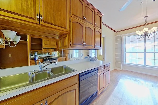 2227 Ware St, Blackshear, GA 31516 - kitchen with dishwasher, a chandelier, light countertops, brown cabinets, and pendant lighting