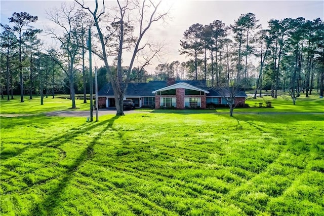2227 Ware St, Blackshear, GA 31516 - view of front facade with a front lawn, brick siding, view of wooded area, and a chimney