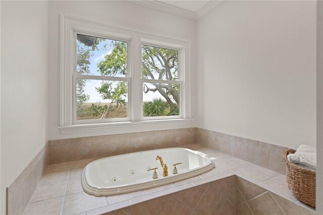 bathroom with ornamental molding and a jetted tub