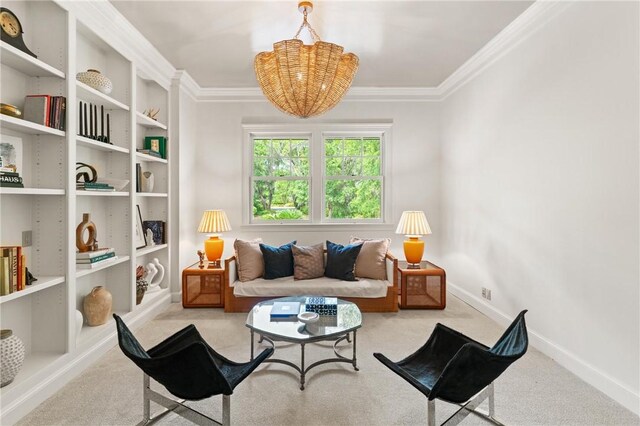 living area featuring baseboards, carpet flooring, and ornamental molding