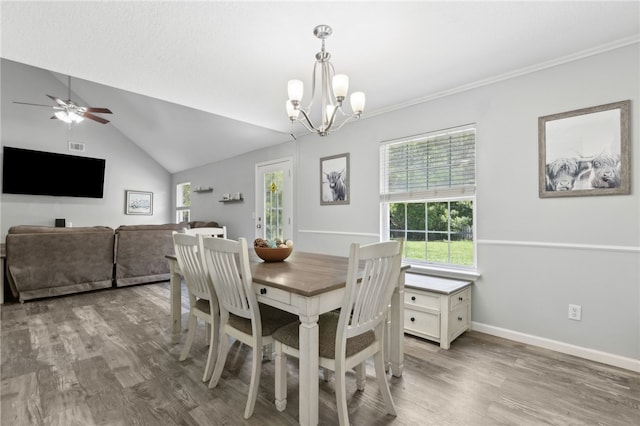 107 Tori Dr, Saint Marys, GA 31558 - dining room featuring plenty of natural light, a chandelier, wood finished floors, a ceiling fan, and vaulted ceiling