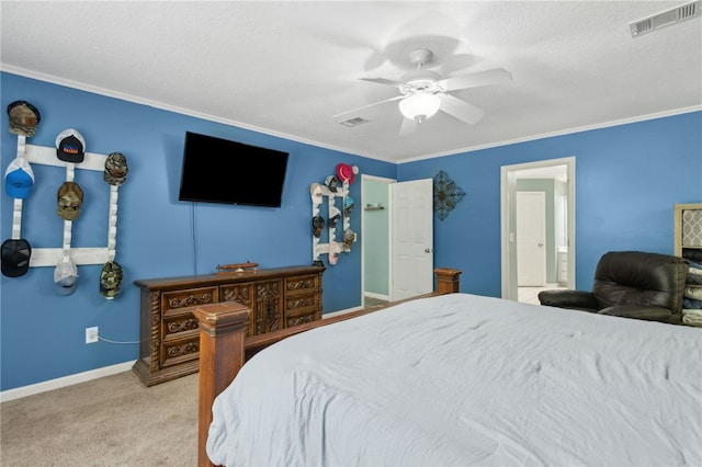 107 Tori Dr, Saint Marys, GA 31558 - carpeted bedroom with ornamental molding, ceiling fan, baseboards, and a textured ceiling