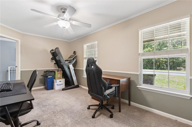107 Tori Dr, Saint Marys, GA 31558 - carpeted home office with ornamental molding, baseboards, and ceiling fan