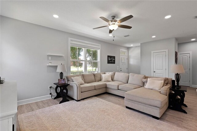 502 Ridge Rd, Darien, GA 31305 - living area featuring ceiling fan, light wood-style floors, recessed lighting, and baseboards