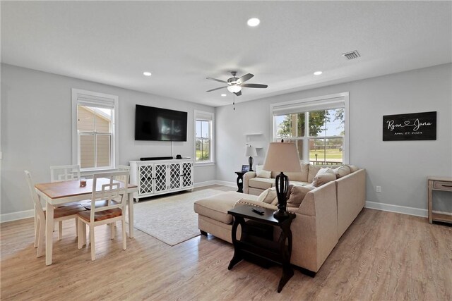 502 Ridge Rd, Darien, GA 31305 - living room with recessed lighting, baseboards, light wood-style flooring, and ceiling fan