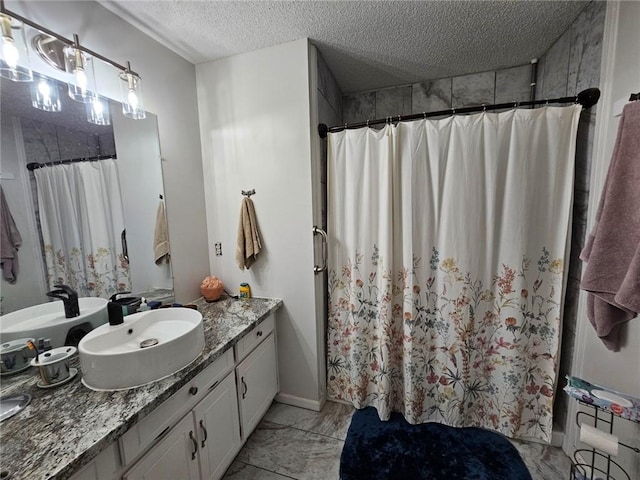300 Crestview Dr, Woodbine, GA 31569 - bathroom featuring marble finish floors, vanity, a textured ceiling, and a shower with shower curtain