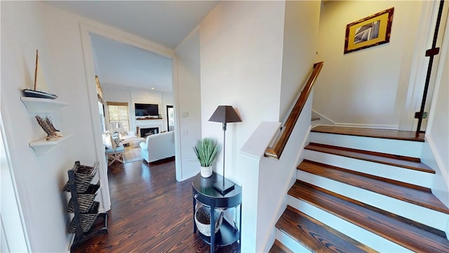 staircase with a fireplace and wood finished floors