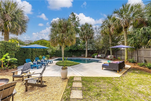 view of swimming pool with a fenced in pool, a fenced backyard, and a patio