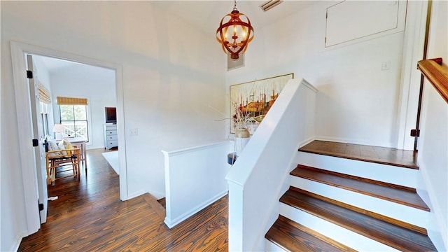 stairs featuring wood finished floors