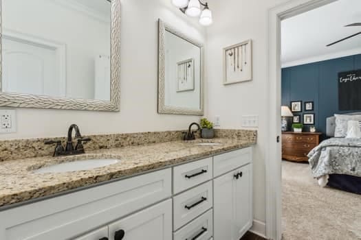 bathroom with double vanity, crown molding, and a sink