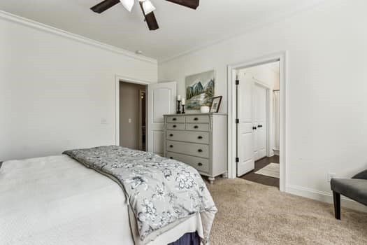 bedroom featuring baseboards, crown molding, carpet, and a ceiling fan