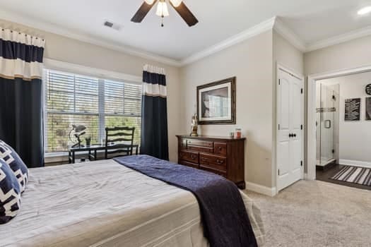 carpeted bedroom featuring visible vents, ceiling fan, crown molding, and baseboards