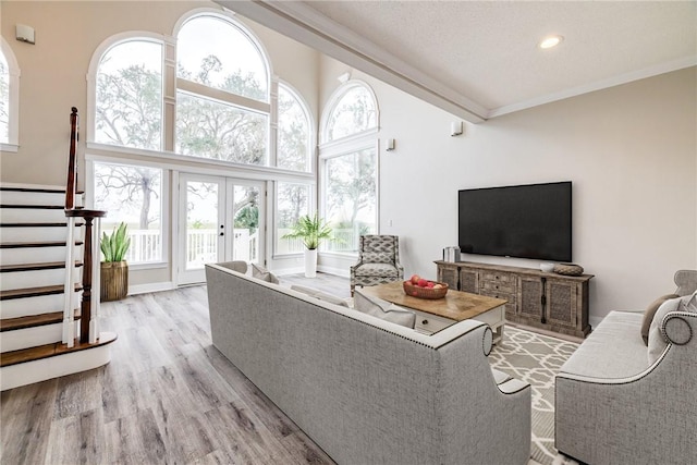 living room featuring a healthy amount of sunlight, light hardwood / wood-style floors, ornamental molding, and french doors