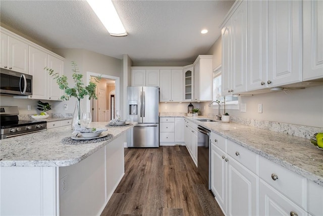 kitchen with dark hardwood / wood-style flooring, stainless steel appliances, white cabinetry, and sink