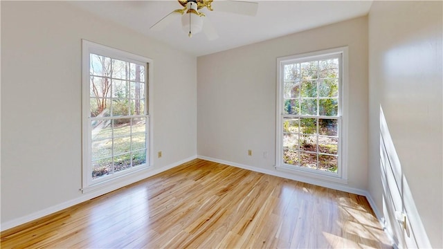 unfurnished room with light hardwood / wood-style flooring and ceiling fan