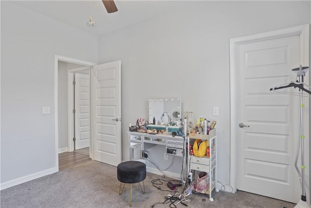 game room with ceiling fan and carpet floors