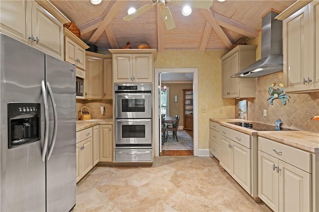 kitchen featuring tasteful backsplash, wooden ceiling, wall chimney range hood, a warming drawer, and stainless steel appliances