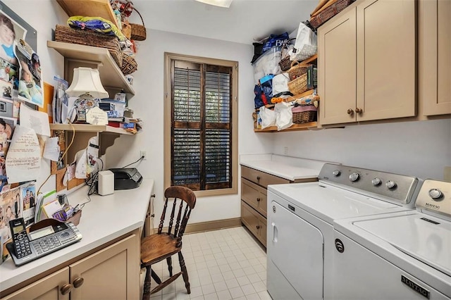 113 Cabretta Island Cir, Brunswick, GA 31520 - laundry room with light tile patterned floors, cabinet space, baseboards, and washer and clothes dryer