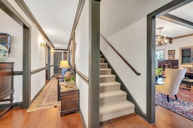 113 Cabretta Island Cir, Brunswick, GA 31520 - stairs with beam ceiling, a notable chandelier, wood finished floors, and ornamental molding