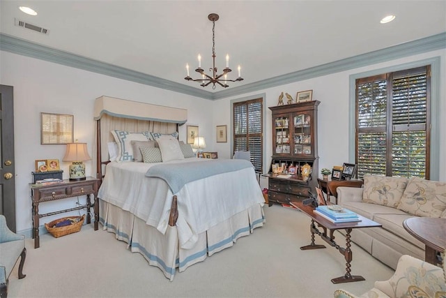 113 Cabretta Island Cir, Brunswick, GA 31520 - bedroom with crown molding, light carpet, visible vents, and a chandelier