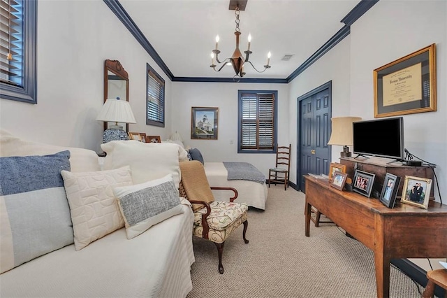 113 Cabretta Island Cir, Brunswick, GA 31520 - carpeted bedroom featuring crown molding, a notable chandelier, visible vents, and a closet
