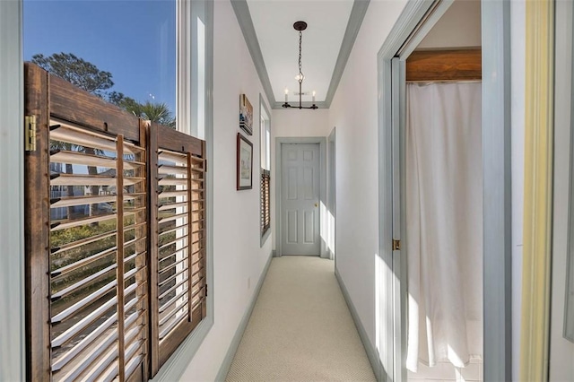 113 Cabretta Island Cir, Brunswick, GA 31520 - hallway with baseboards, carpet floors, and a notable chandelier